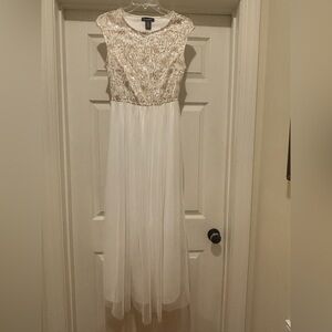 Sequin Sleeveless Dress in Cream and Gold and Chiffon Bottom